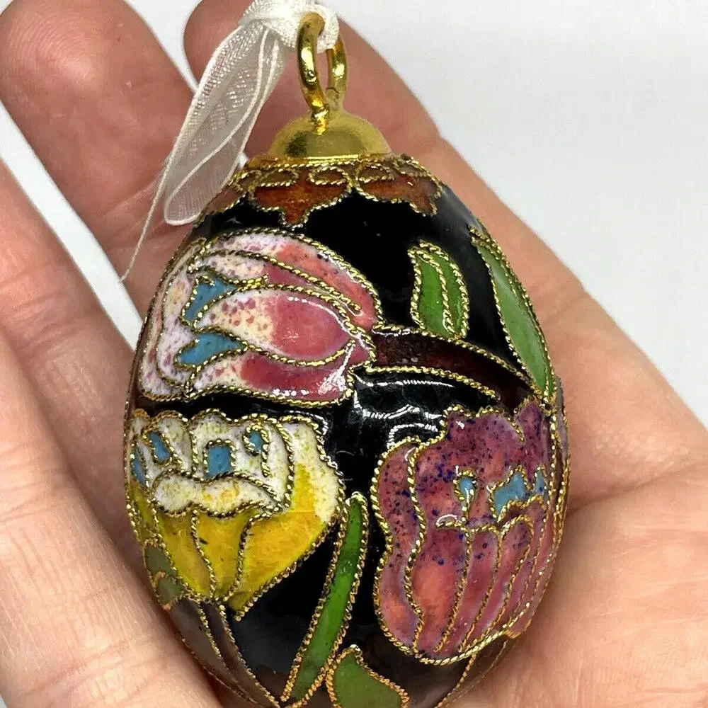 Pink Black Gold Floral Cloisonne‎ EGG Ornament Vintage